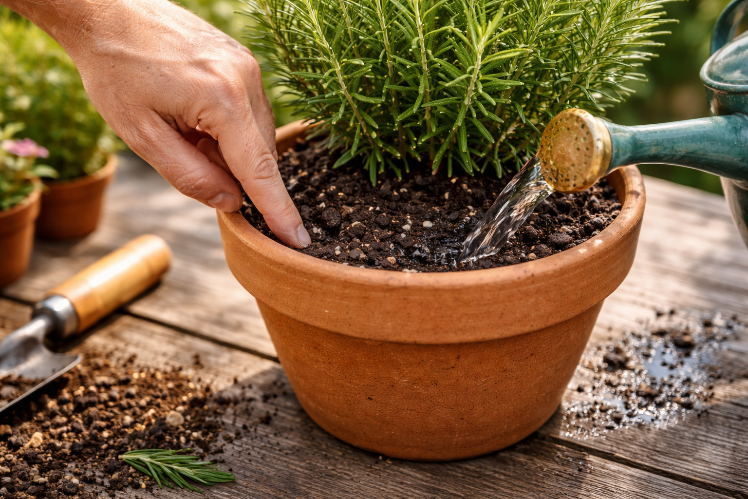How to Care for Rosemary in a Pot Without Killing It 4 Checking soil dryness in a rosemary pot before watering