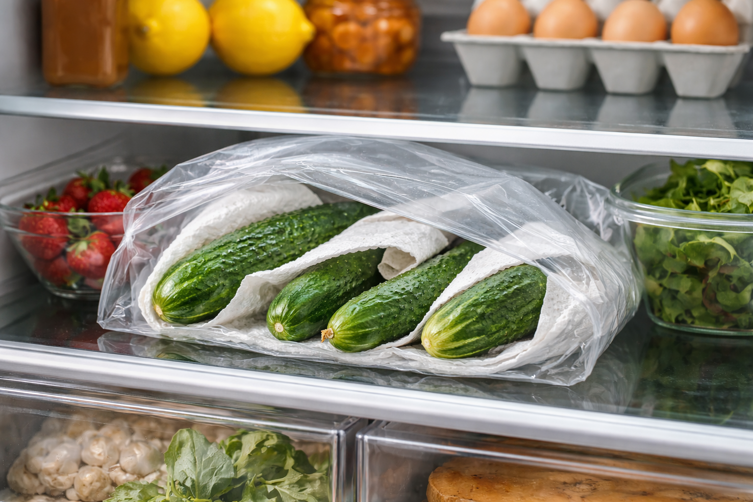 Whole cucumbers wrapped in paper towels inside a partially open bag on a front fridge shelf