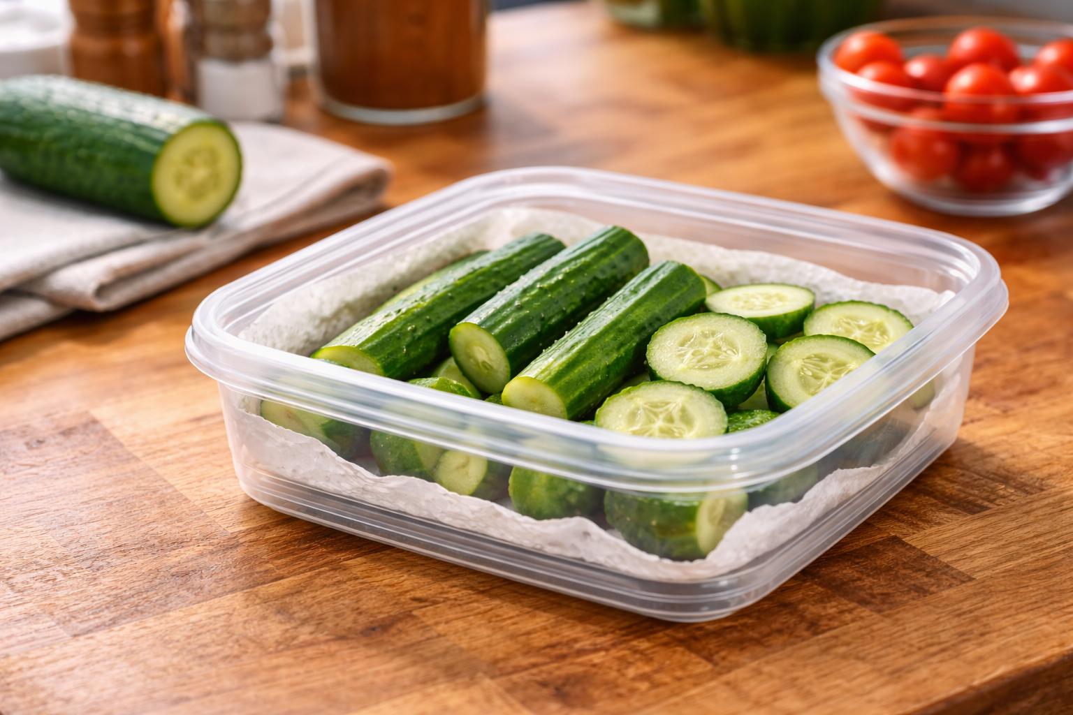 Cut cucumber spears and slices in a sealed container lined with a dry paper towel