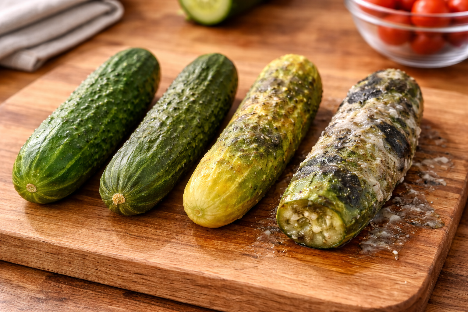 Comparison of fresh cucumber and spoiled cucumbers showing wrinkles, yellowing, and slime