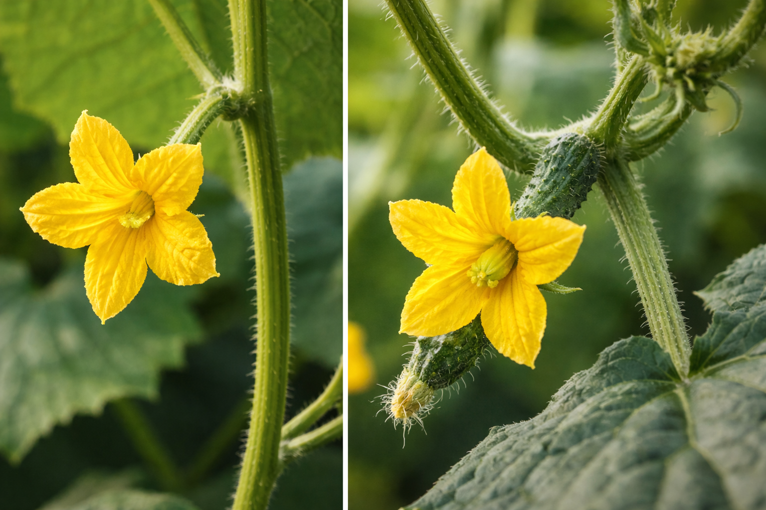 Close-up comparison of male and female cucumber flowers with a tiny cucumber behind the female flower