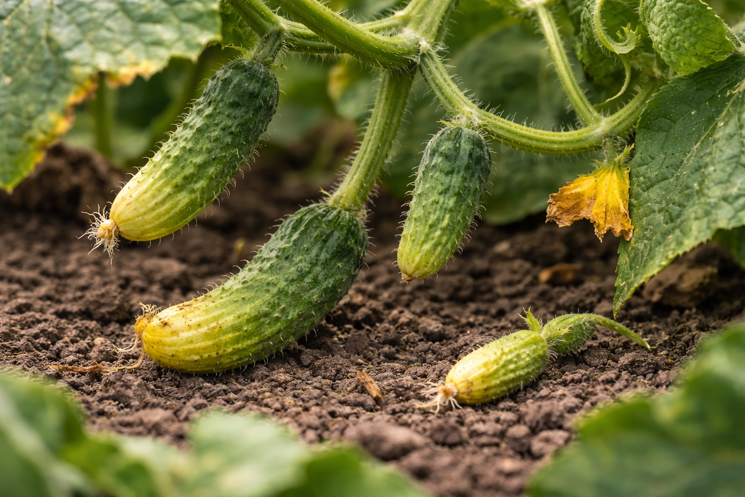 Small crooked cucumbers and yellowing baby fruit on a cucumber vine