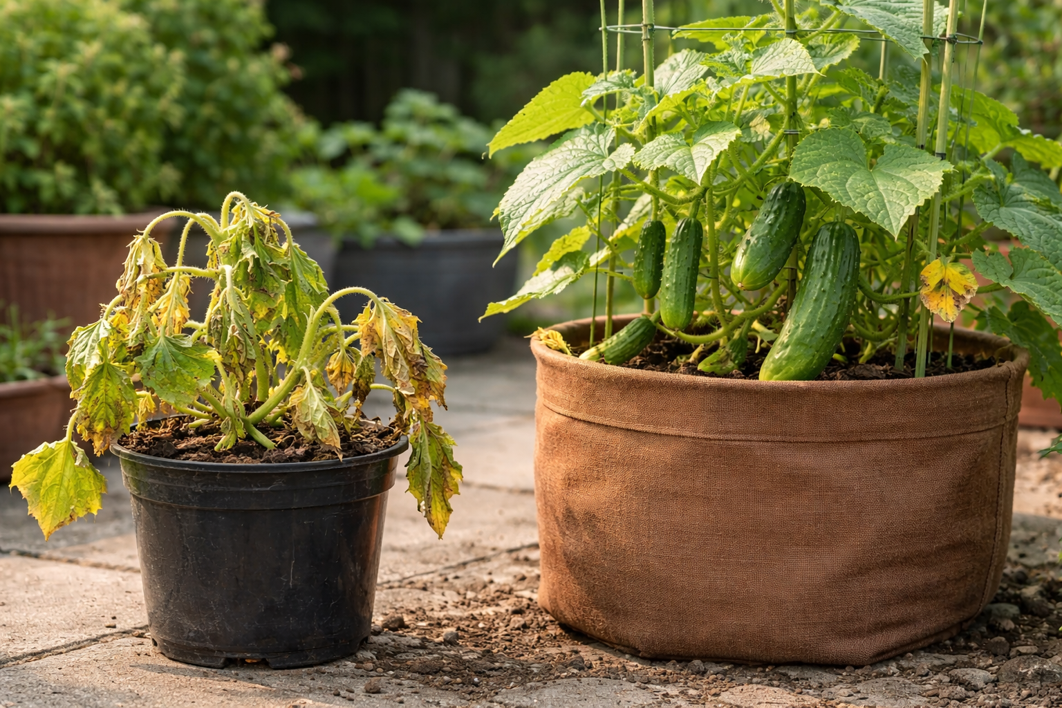 Cucumber plants in containers showing a too-small pot beside a properly sized container with a trellis