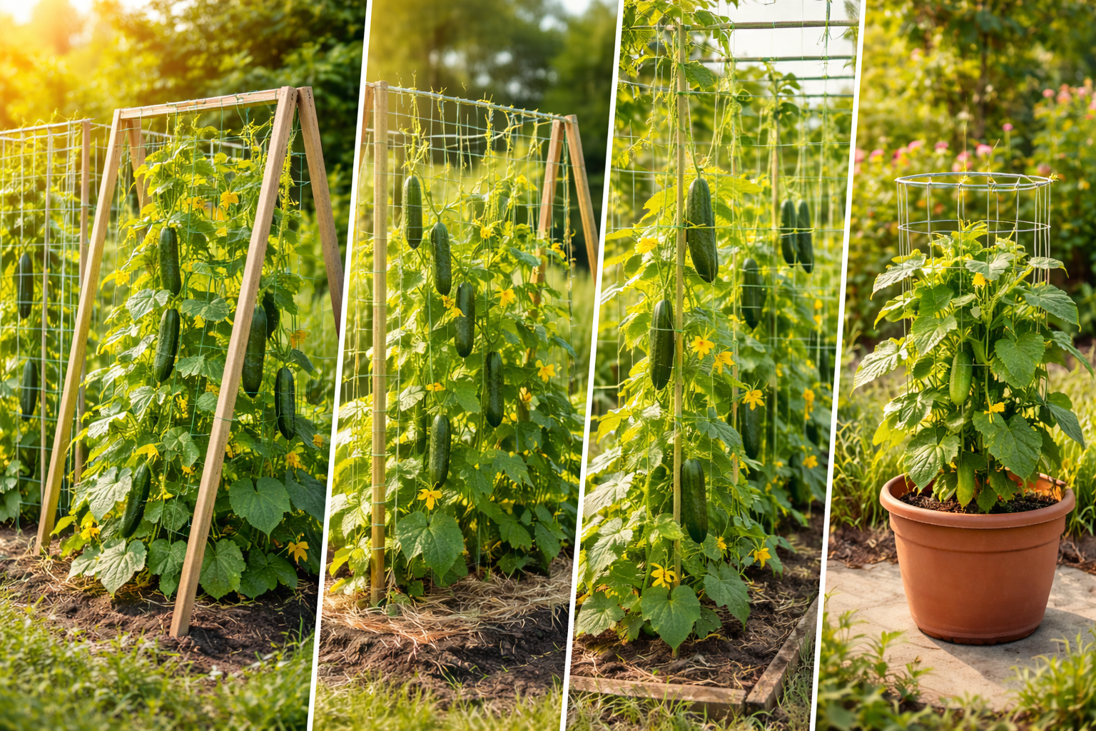 Comparison of cucumber support options including wire trellis, A-frame, netting, strings, and cage