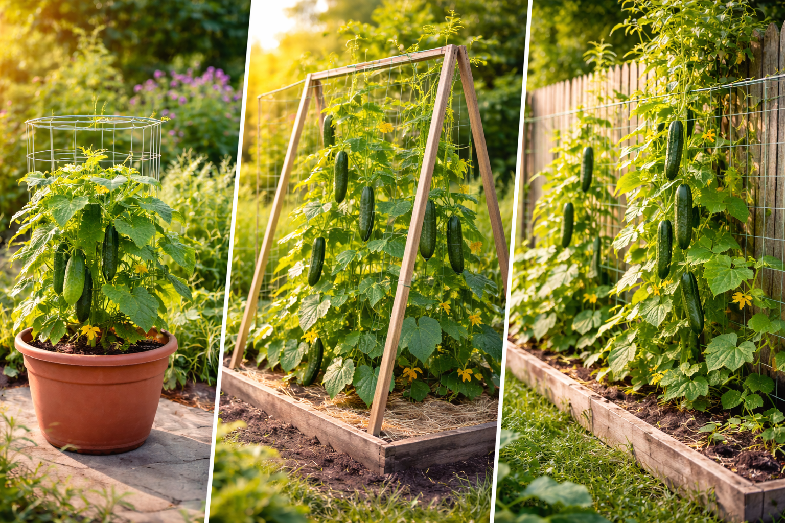 Cucumber plants supported in a container, raised bed trellis, and along a garden fence