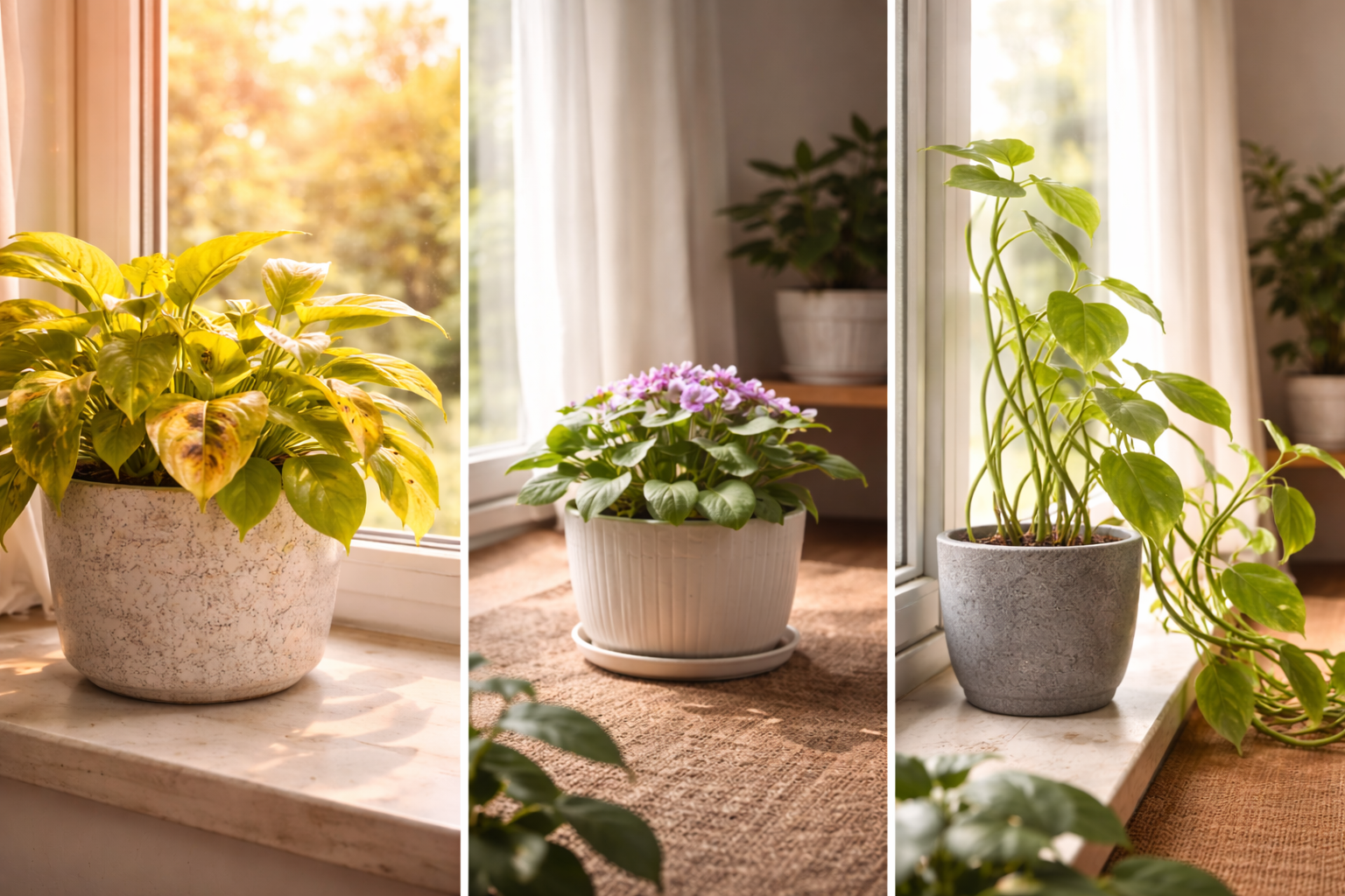 Best Facing Window for Plants? The Right Answer by Plant Type 5 Comparison of healthy plant growth, scorched leaves, and leggy growth by window light