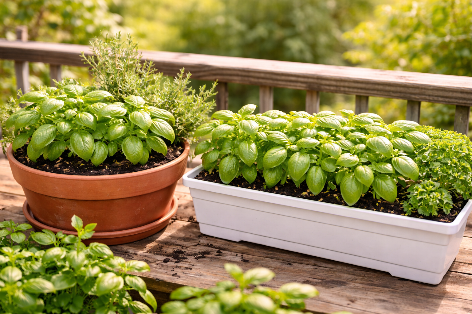Best Pot for Basil: The Right Size, Material, and Setup 5 Basil plants spaced properly in a window box and wide herb planter