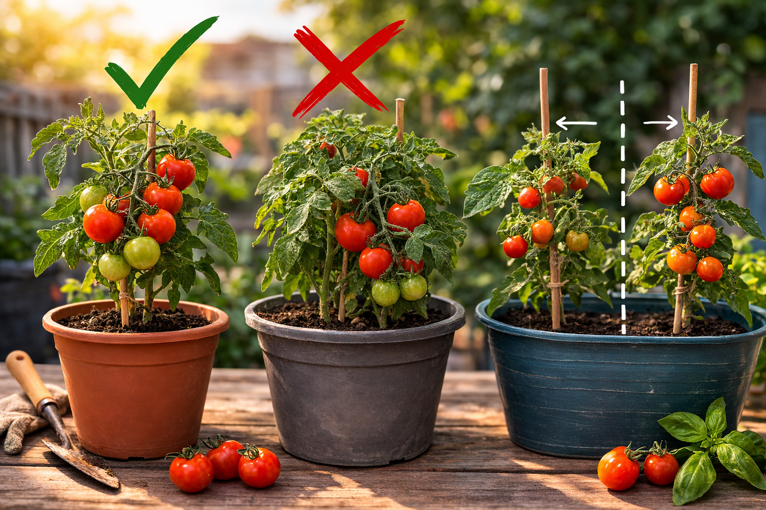 Different tomato container sizes lined up from small pot to large trough with appropriate plant types