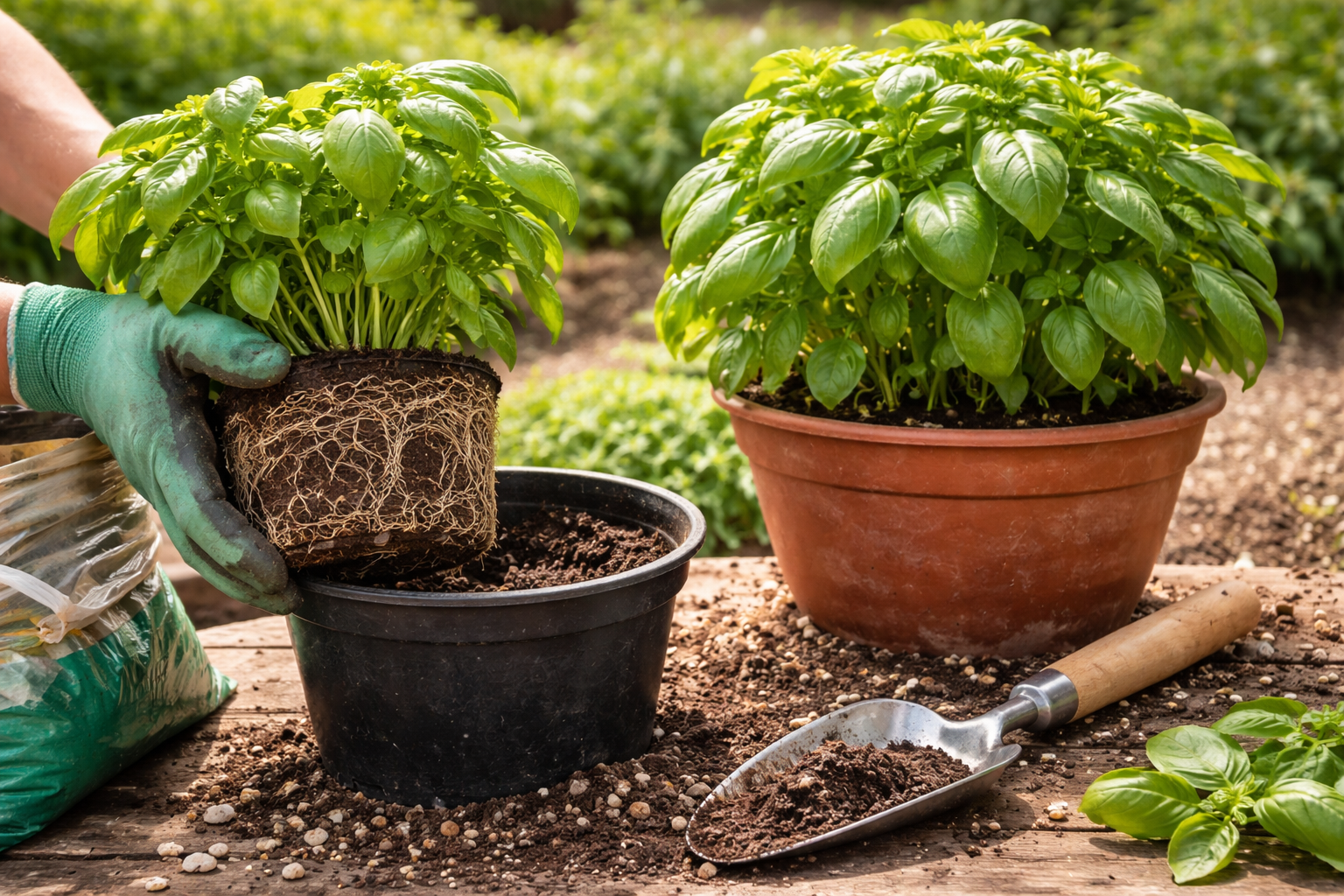 Basil crowded in a small nursery pot next to basil growing in a larger container