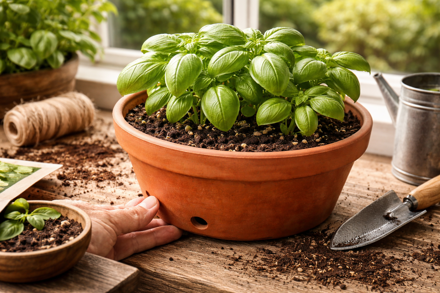 Basil container setup showing pot width, drainage hole, and bright window placement