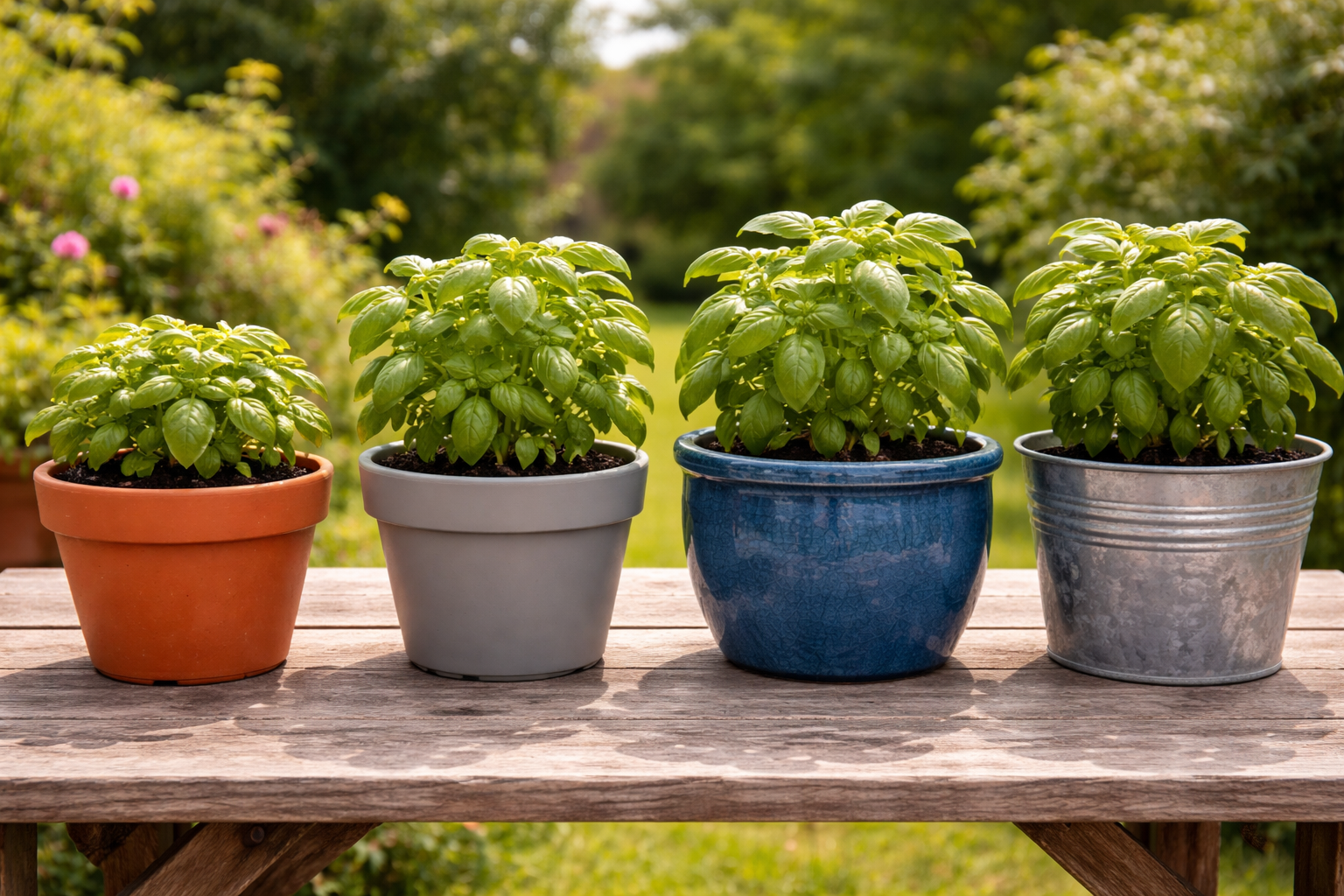 Terracotta, plastic, and ceramic basil pots showing width, depth, and drainage holes