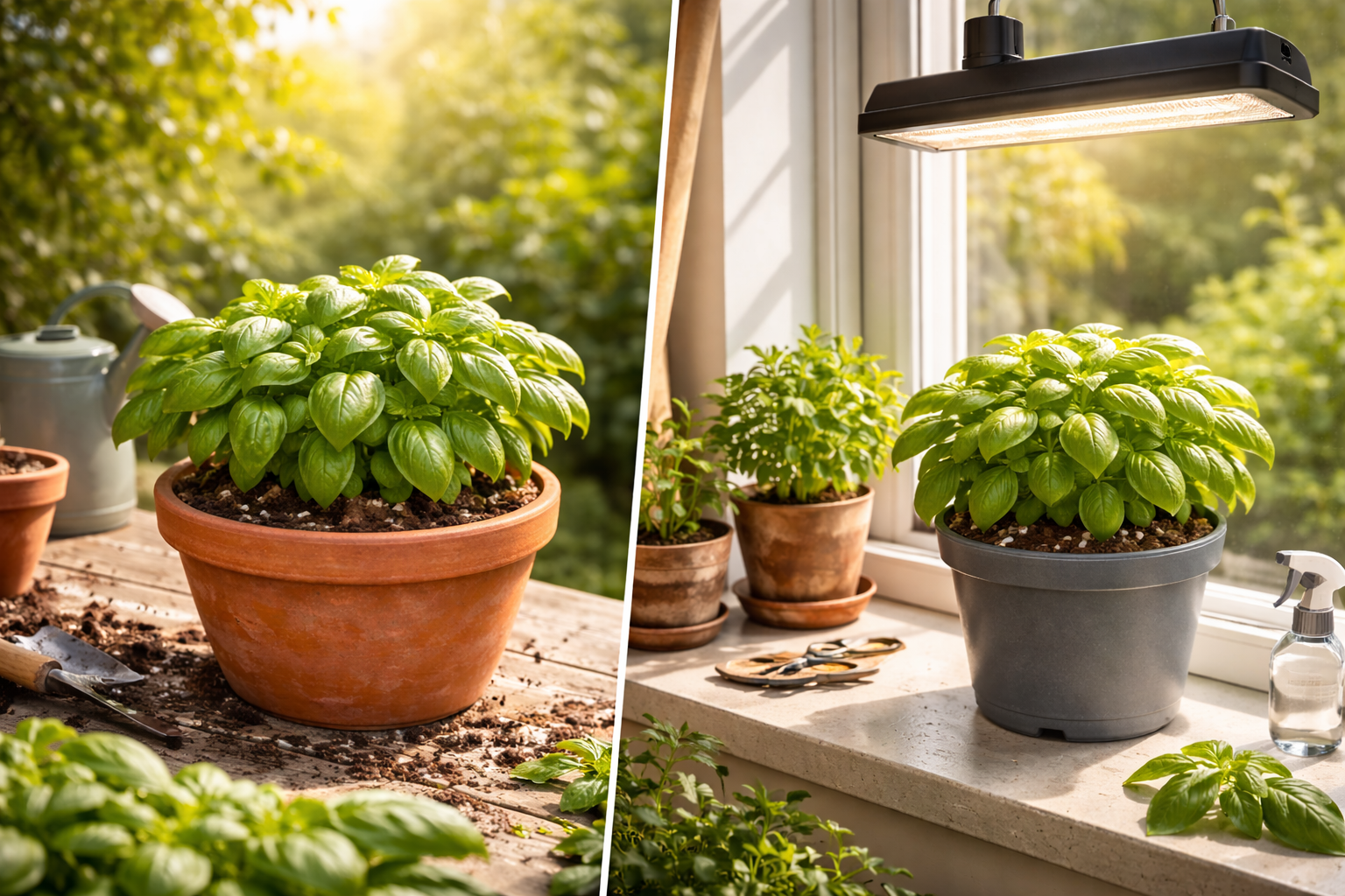 Sweet basil in a sunny outdoor spot and indoors by a bright window with a grow light