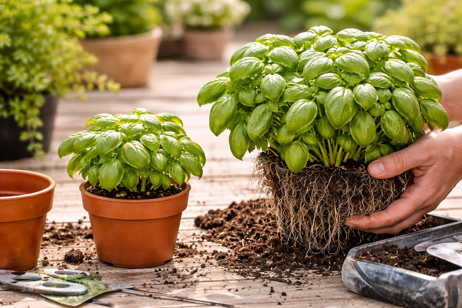 Single basil plant next to a crowded grocery-store basil cluster ready to be divided