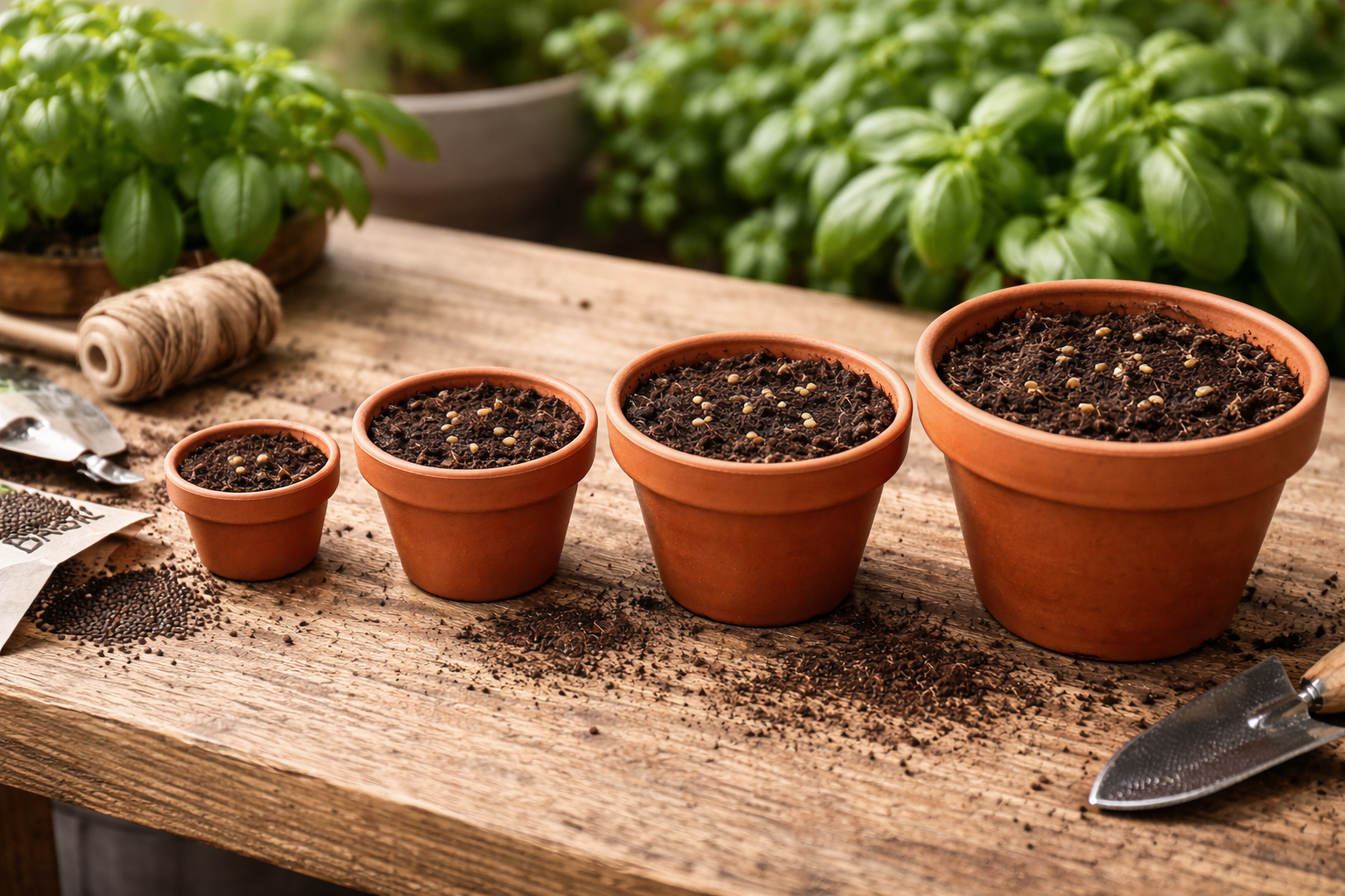 Different basil pot sizes with suggested seed counts from starter cell to large herb pot