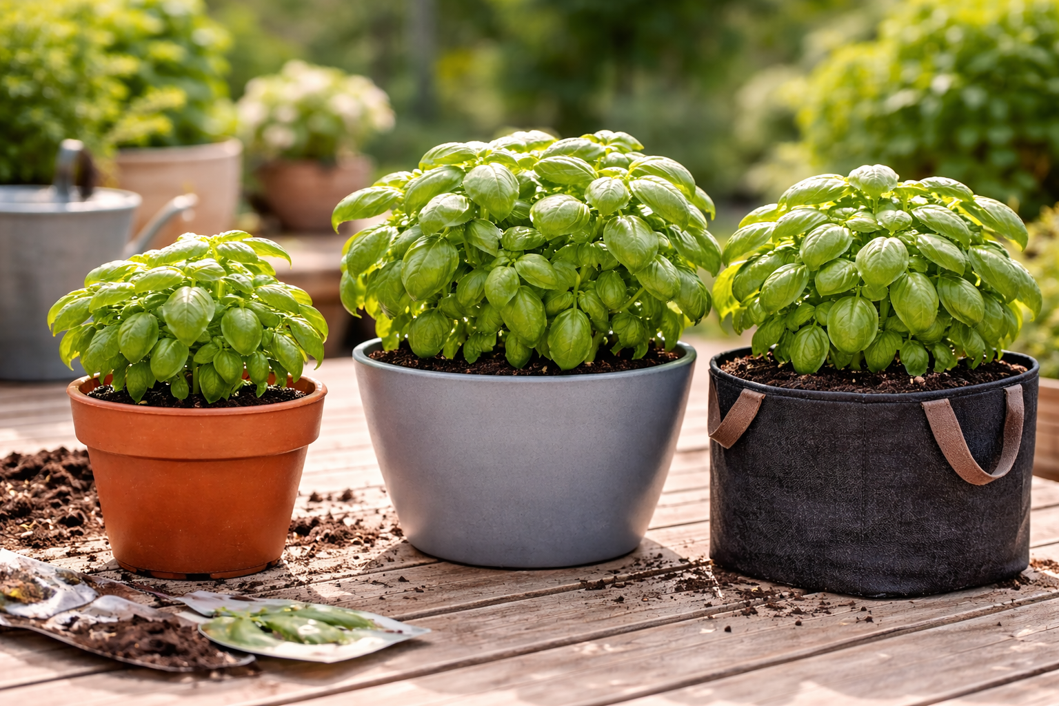 Basil planted in terracotta, plastic, and fabric pots with different widths and depths