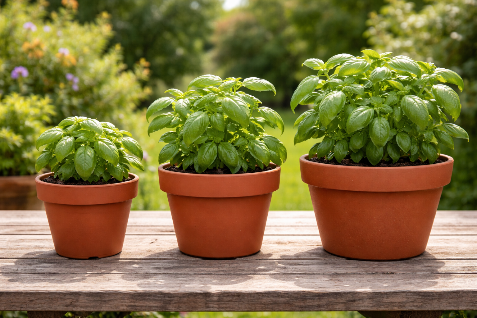 Three basil pots compared side by side in 6-inch, 8-inch, and 10-inch sizes