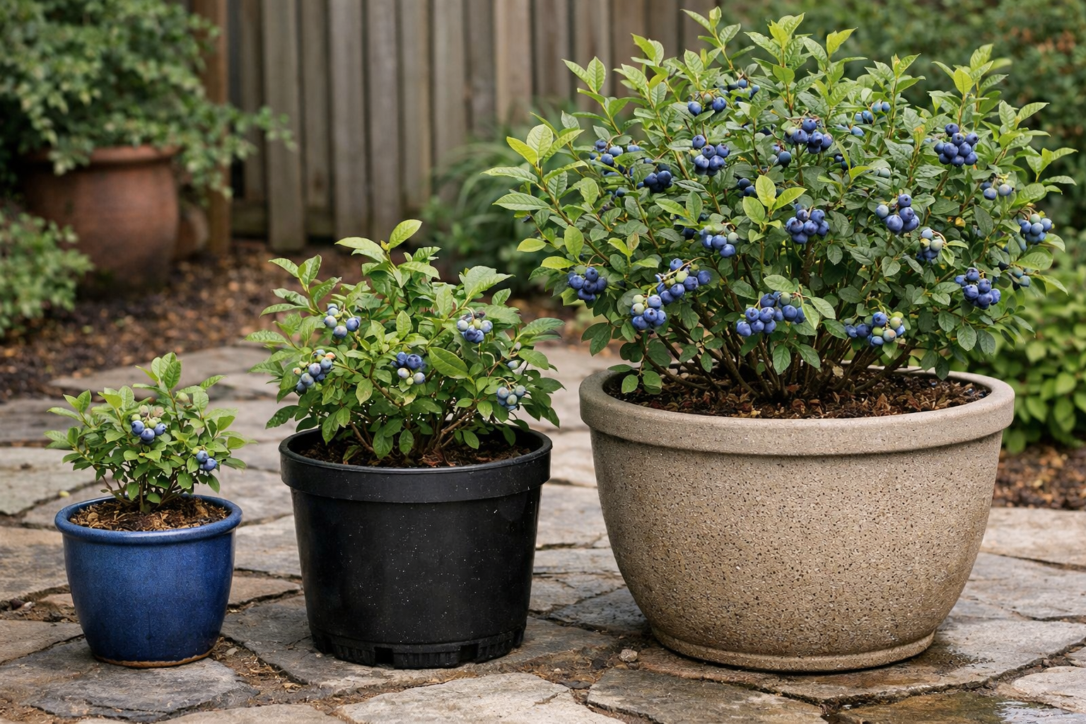Blueberry bushes in small, medium, and large containers for size comparison