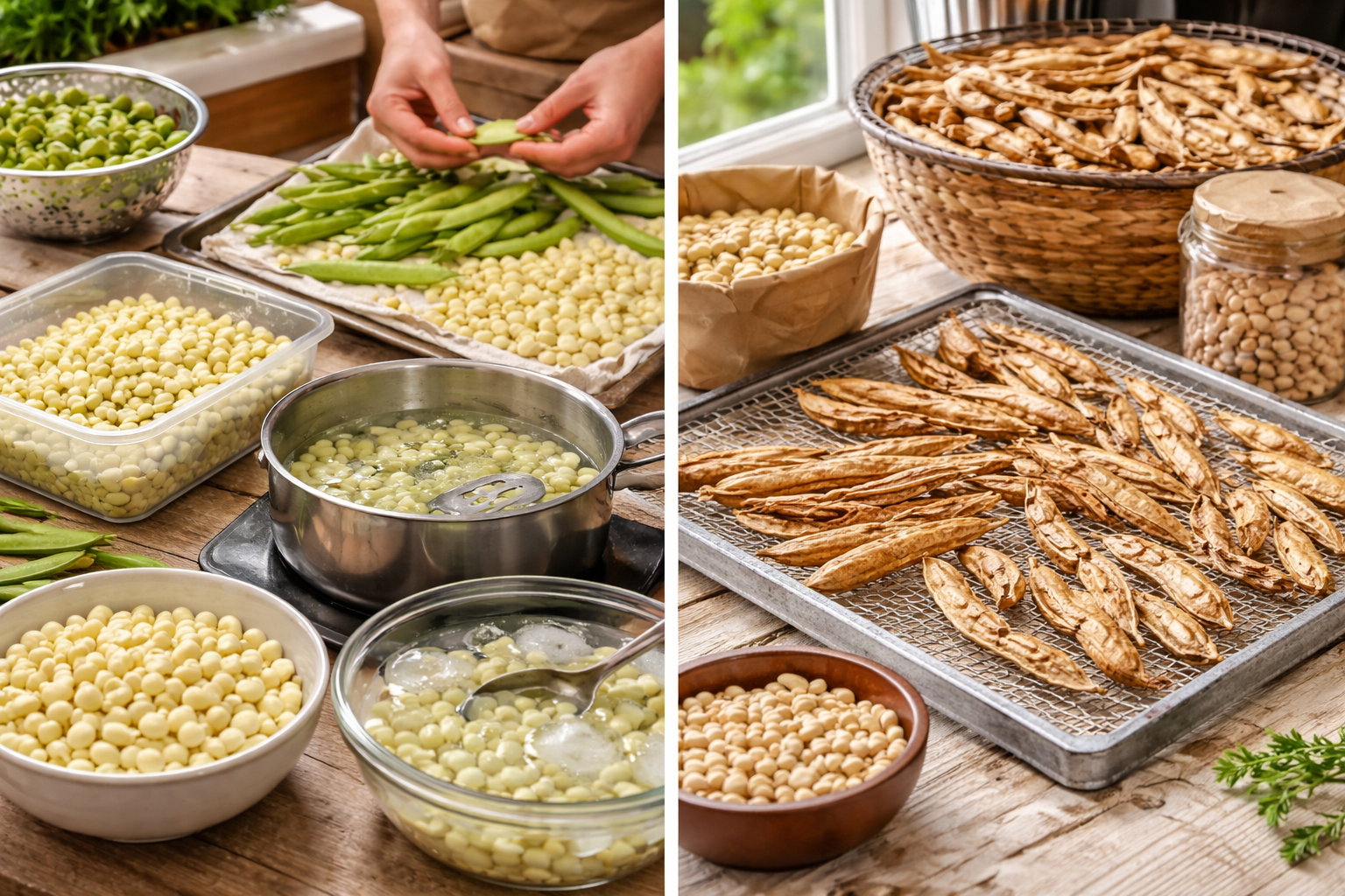 Fresh shelled butter beans in a bowl next to dry pods spread out for indoor drying