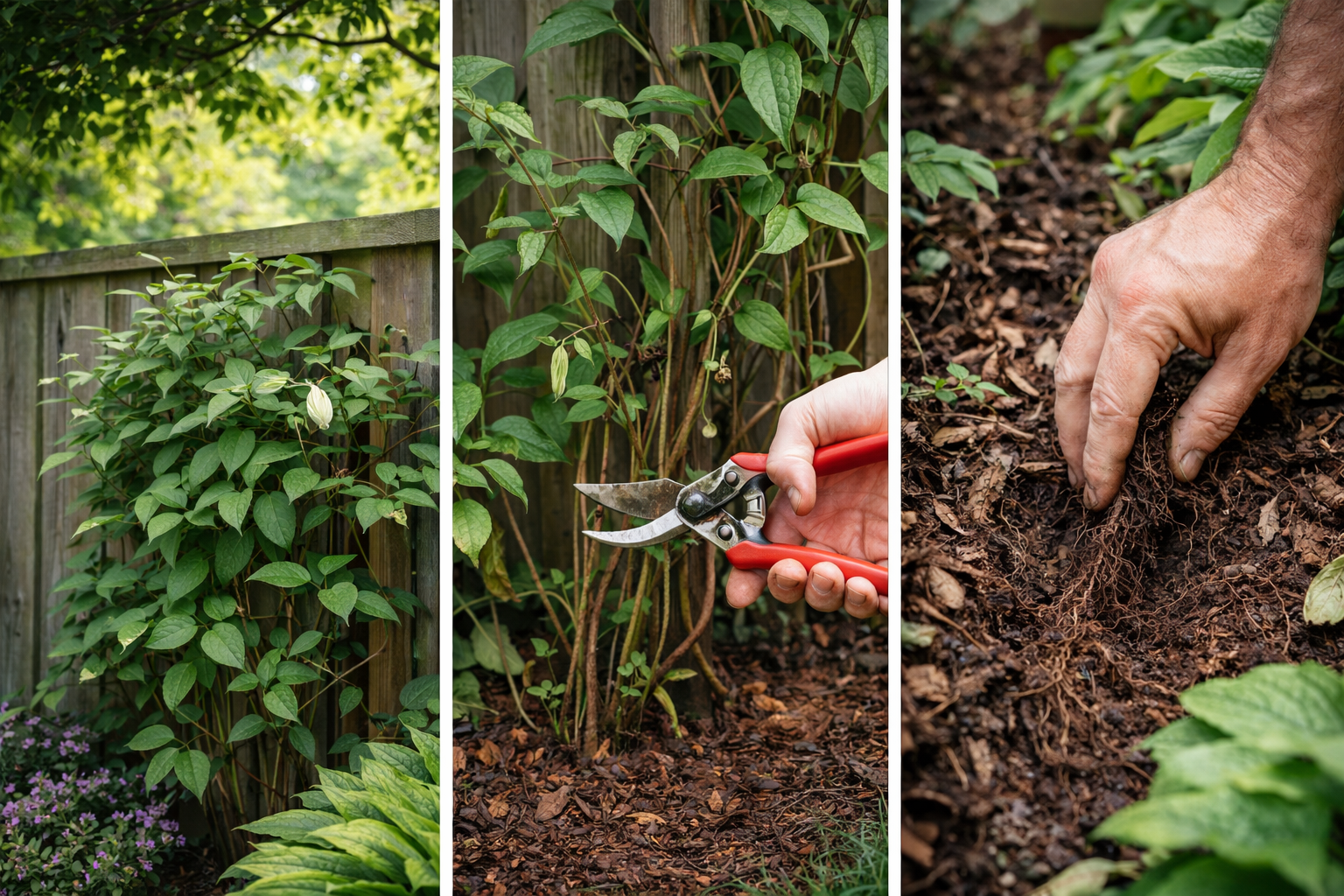 9 Best Clematis for Shade That Actually Flower Well 5 Clematis with weak flowering showing shade problems, pruning points, and nearby root competition