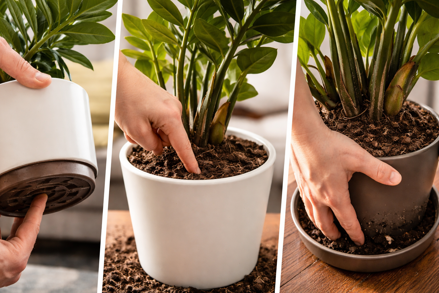 Hand checking soil depth in a ZZ plant pot with drainage hole visible underneath