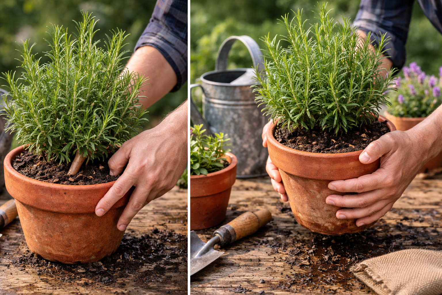 Hands checking soil depth and lifting a potted rosemary plant to test if it needs water