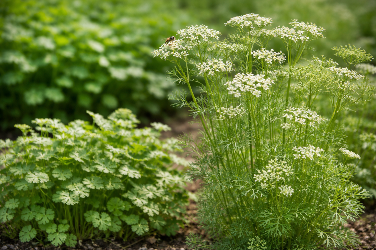 Flowering cilantro with white umbels and maturing coriander seed heads in the garden