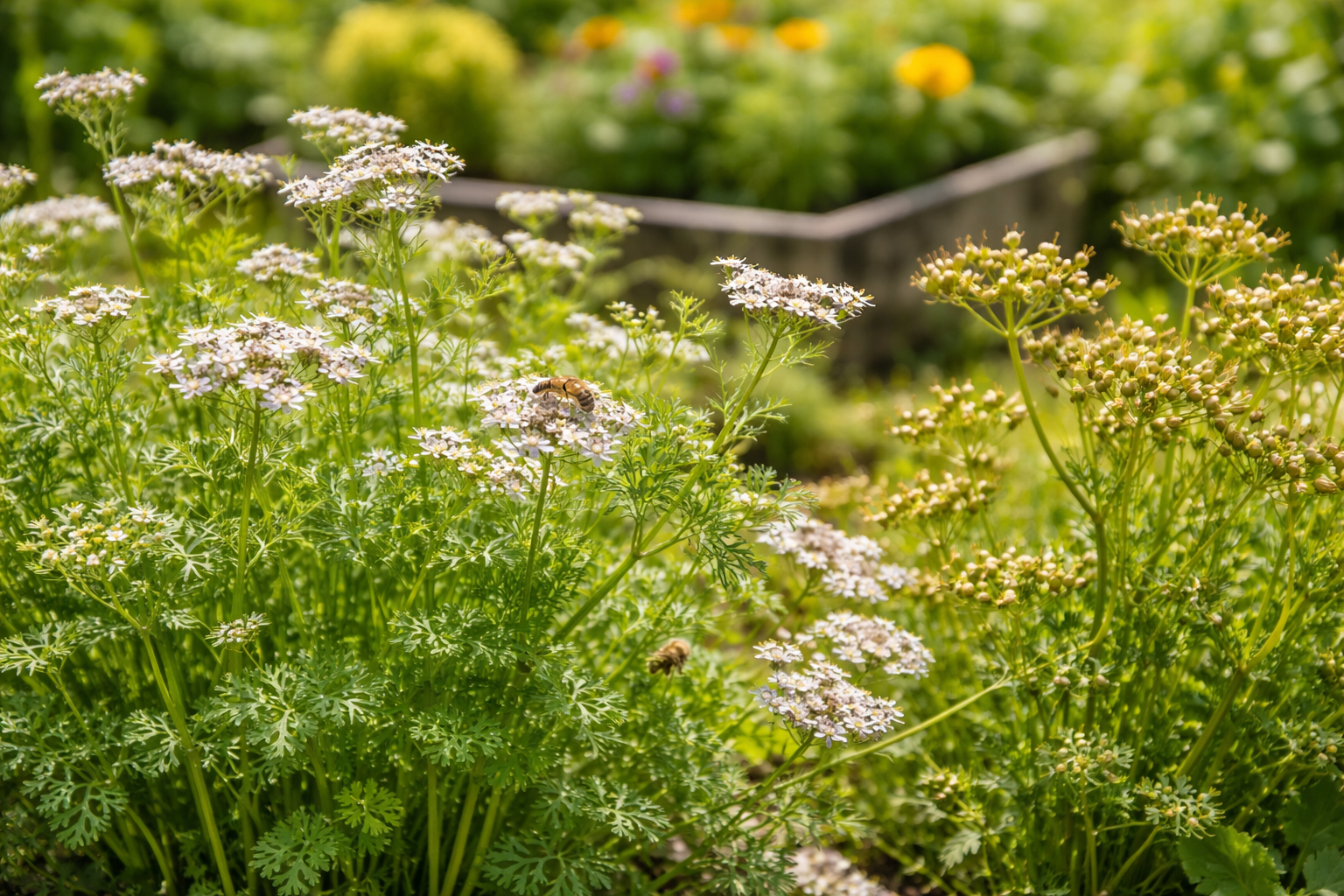 Cilantro plant with leaves, white flowers, and drying coriander seed heads