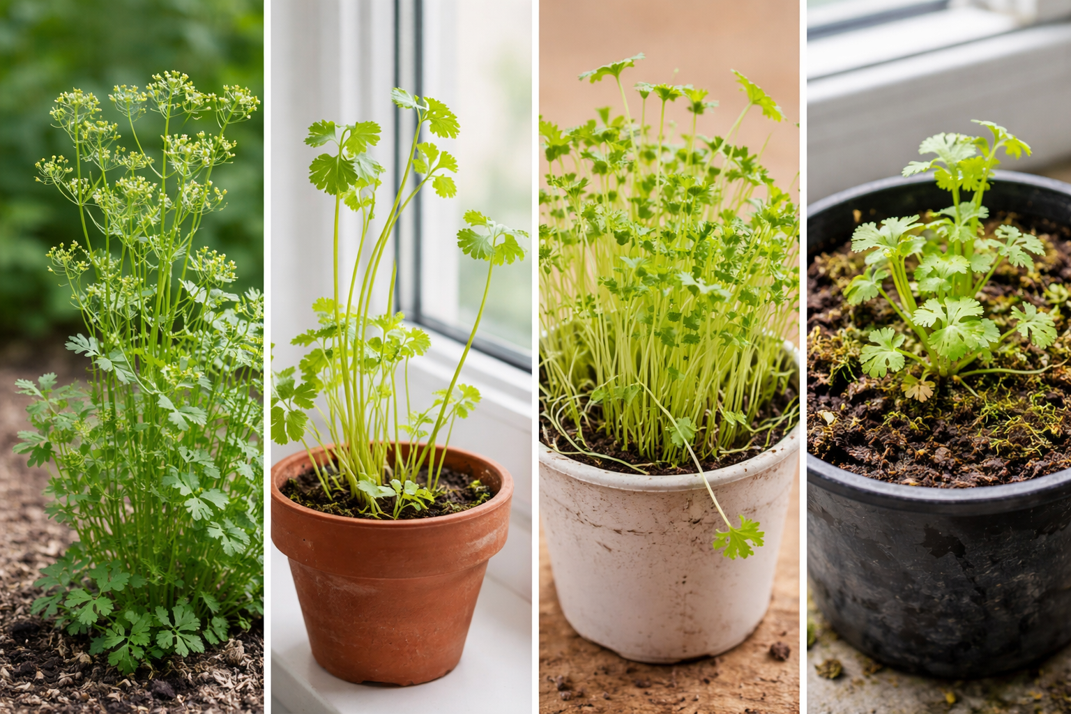 Comparison of healthy cilantro, leggy pale indoor cilantro, and crowded weak cilantro seedlings
