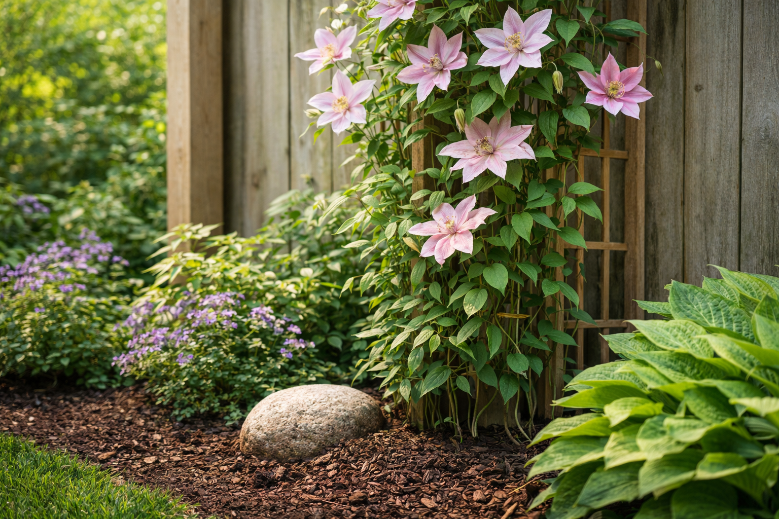 9 Best Clematis for Shade That Actually Flower Well 4 Proper clematis planting setup with shaded roots, mulch, and a support trellis in partial shade