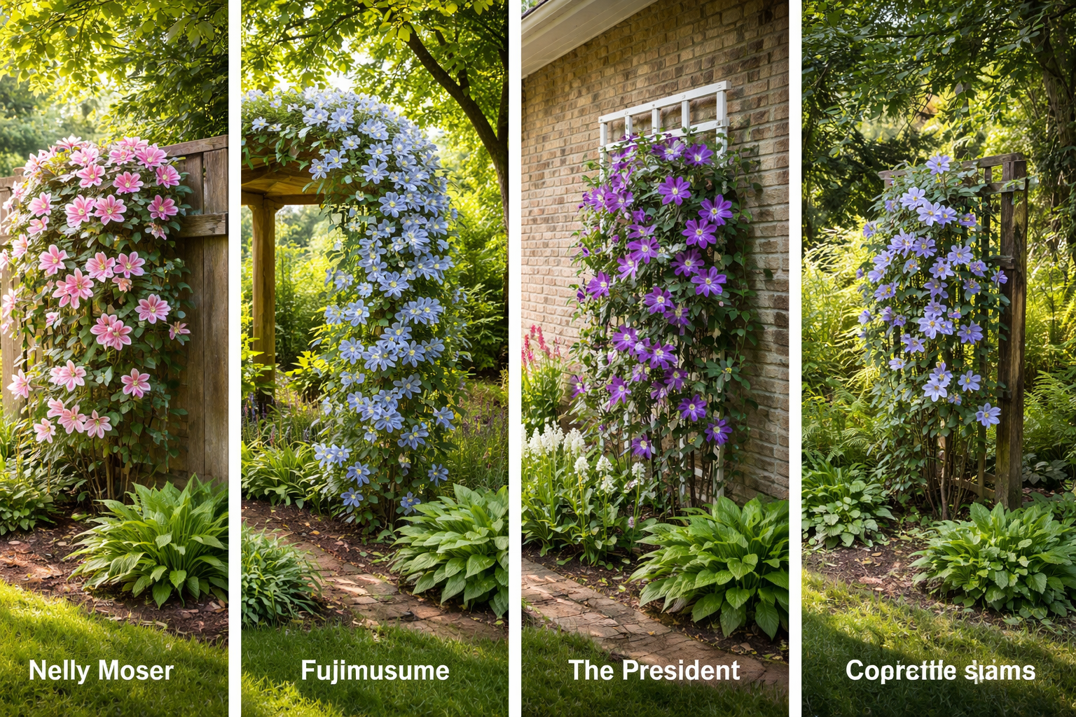 9 Best Clematis for Shade That Actually Flower Well 3 Several clematis varieties for shade with different flower colors, sizes, and climbing habits