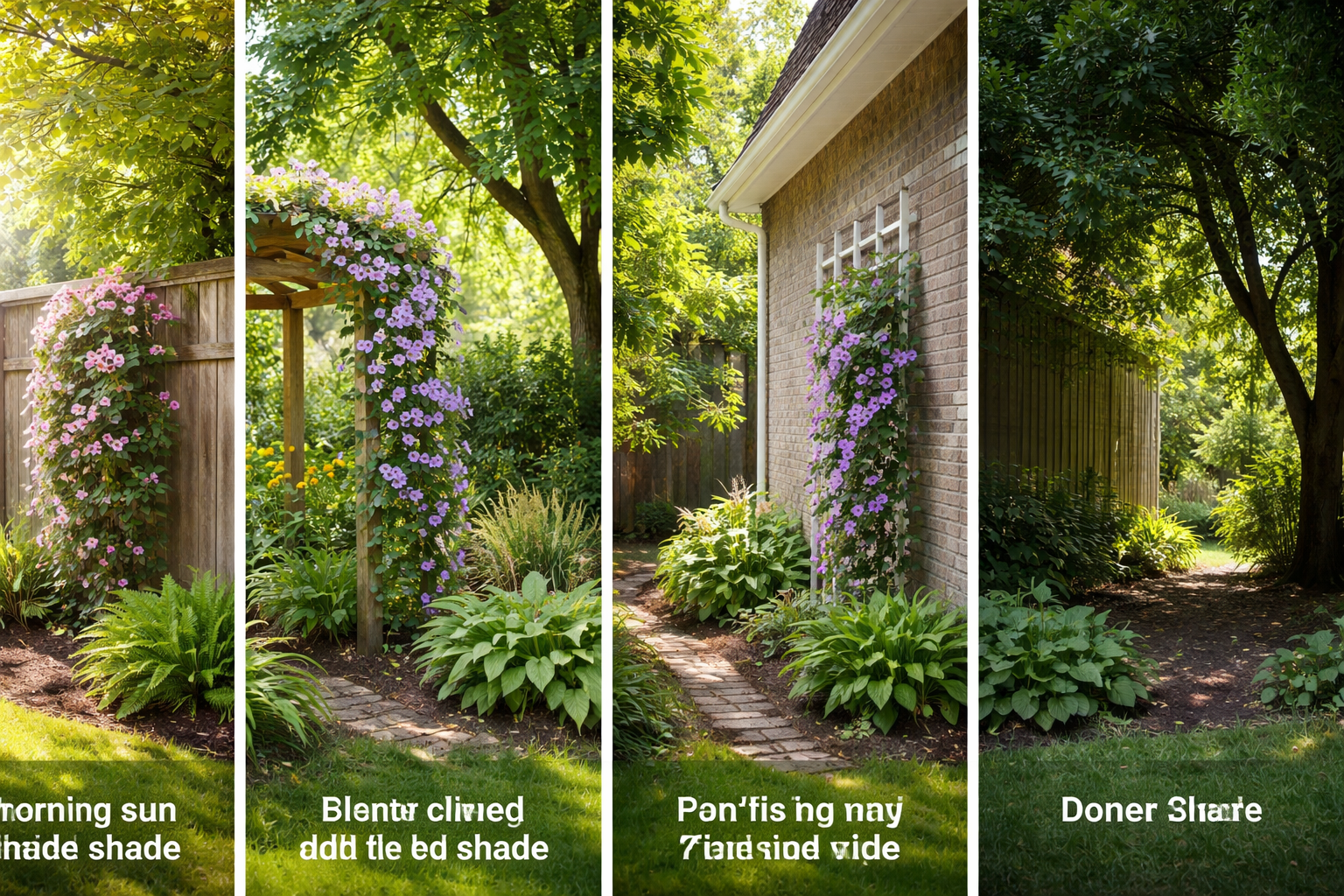 9 Best Clematis for Shade That Actually Flower Well 2 Different garden shade conditions for clematis, including dappled shade, morning sun, and dense shade