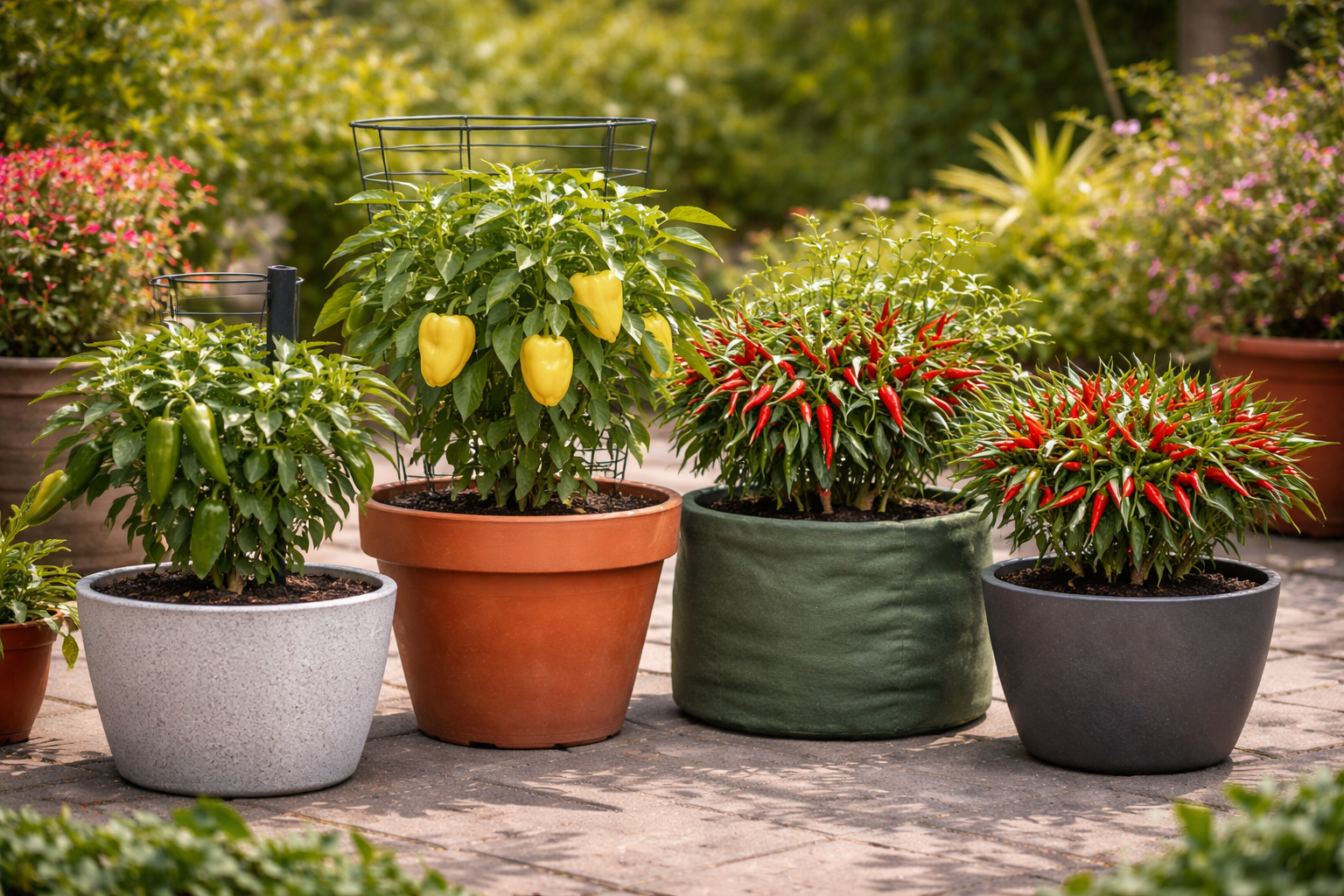 Different container sizes and materials for pepper plants showing proper spacing and drainage