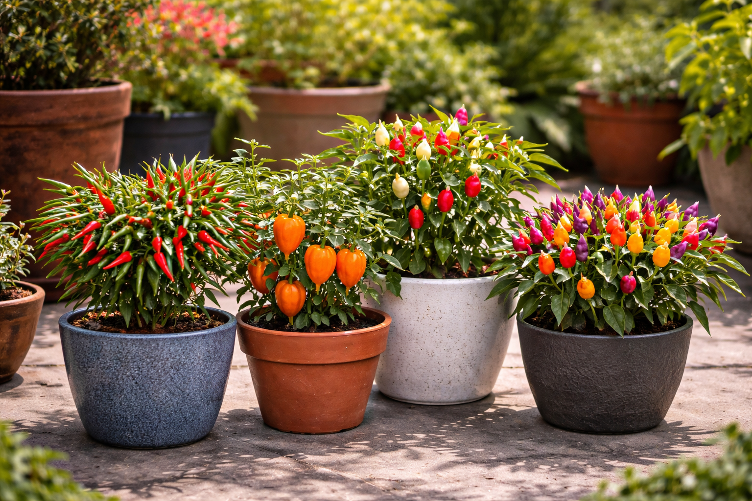 Small potted hot pepper and ornamental pepper plants with colorful upright fruits