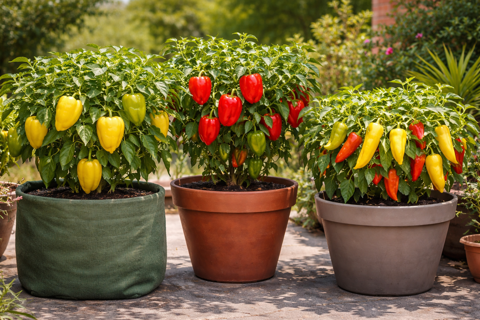 Compact sweet pepper and larger bell pepper plants growing in different sized containers on a sunny patio