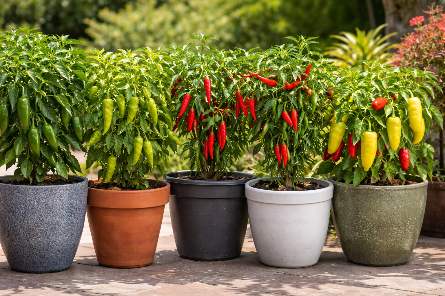 Container-grown jalapeno, shishito, cayenne, Thai pepper, and compact sweet pepper plants side by side