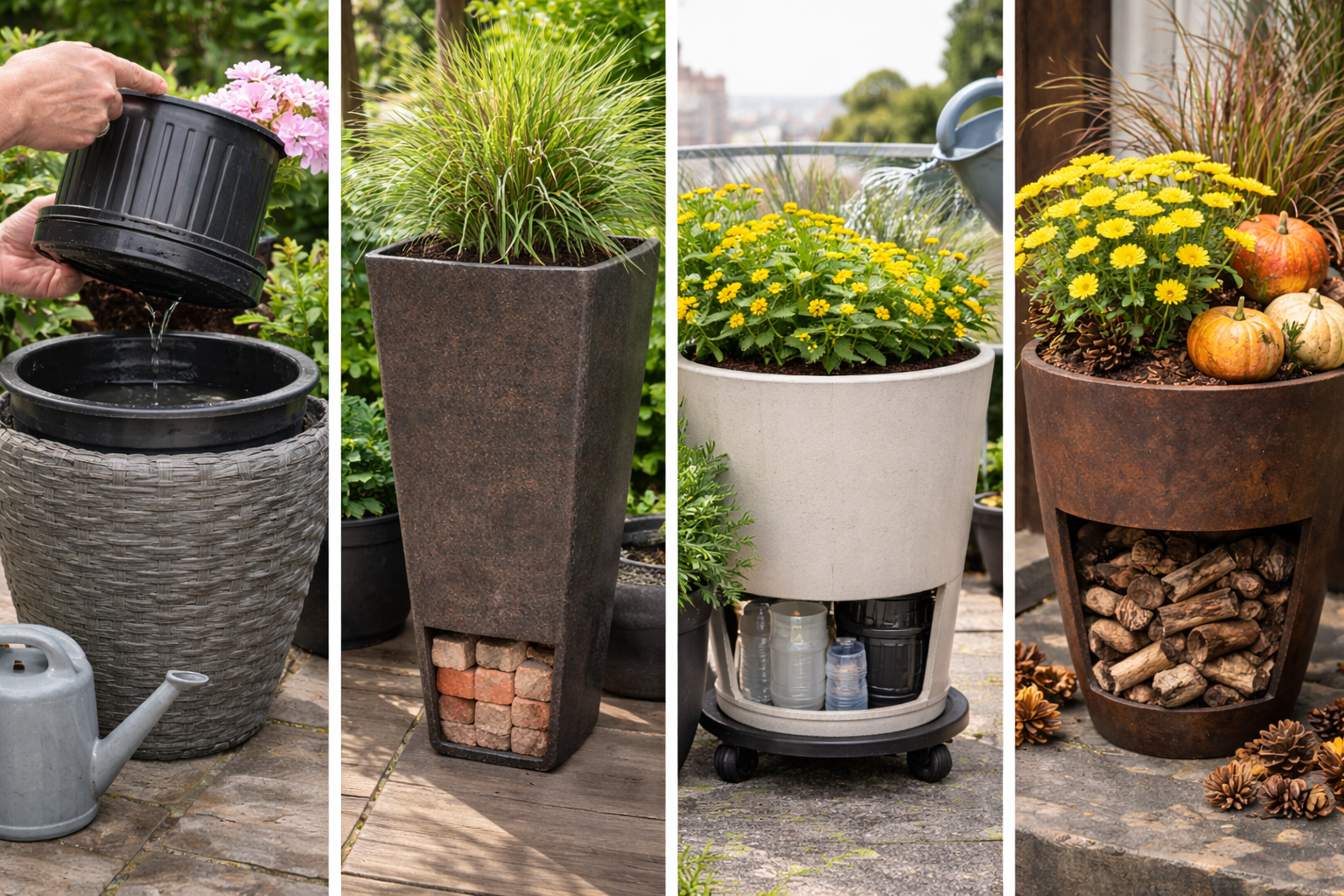 How to Fill a Large Plant Container: 7 Smart Rules That Work 5 Examples of tricky large planter setups including a cachepot, tall narrow planter, balcony planter, and seasonal display