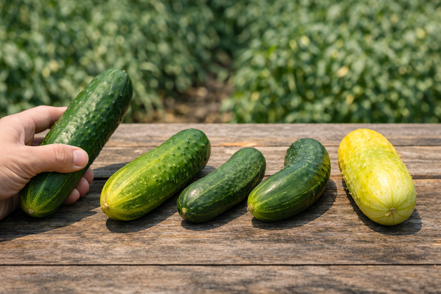 Close-up comparison of cucumbers showing ideal color and shape versus yellowing, swelling, and defects