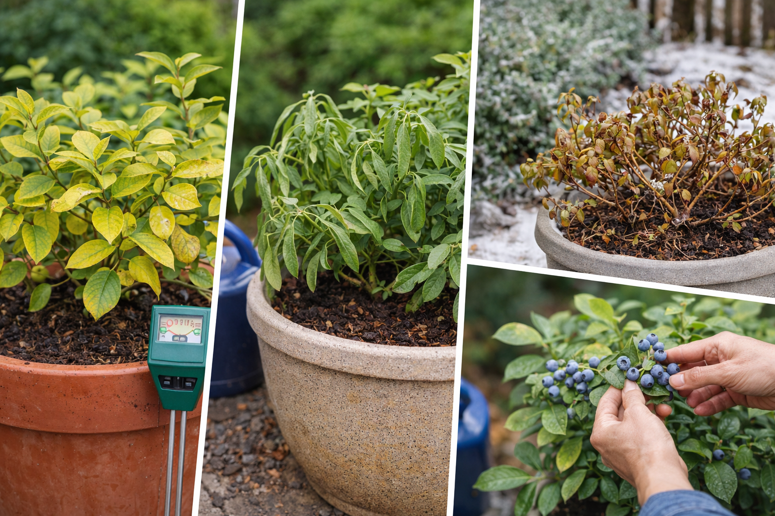 Potted blueberry plant with yellow leaves and signs of container stress