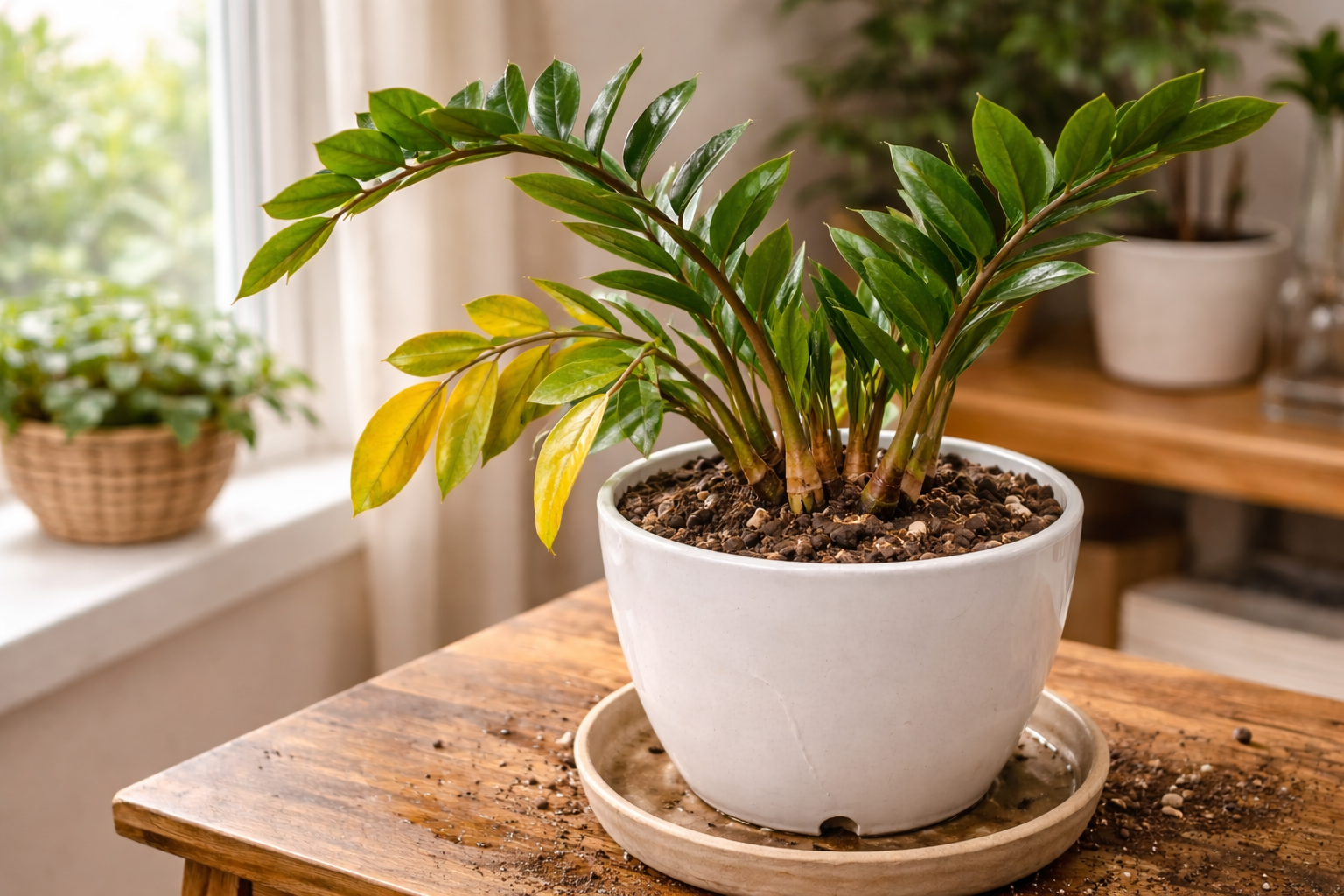 ZZ plant showing yellow leaves, leaning stems, and visible signs of stress indoors