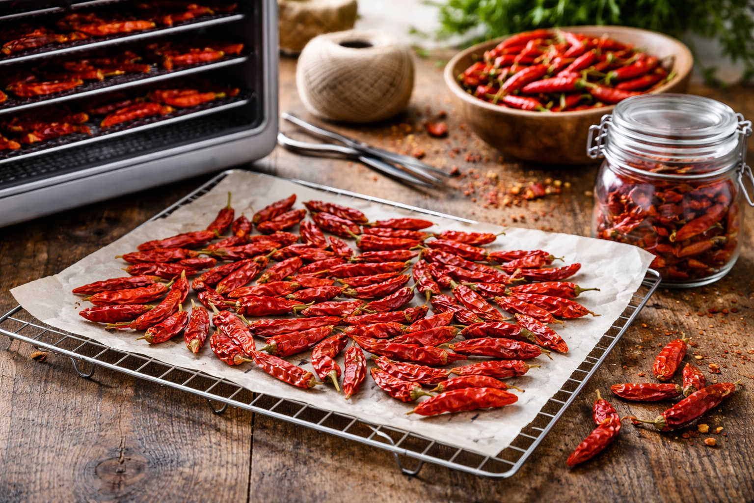 Thai chili peppers drying on a string and fully dried peppers ready for pantry storage