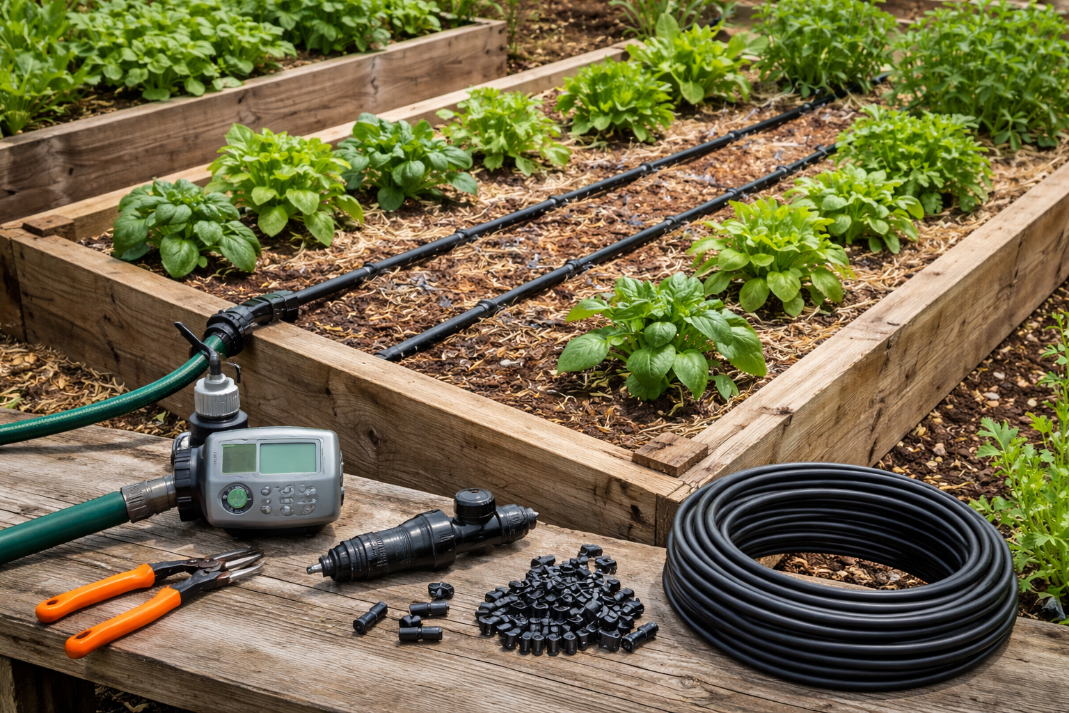 Raised bed with drip timer, filter, regulator, and evenly spaced drip lines laid out across the soil