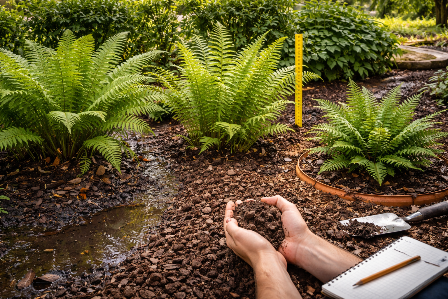 Visual chart comparing fern moisture needs, mature size, spread habit, and evergreen versus deciduous growth
