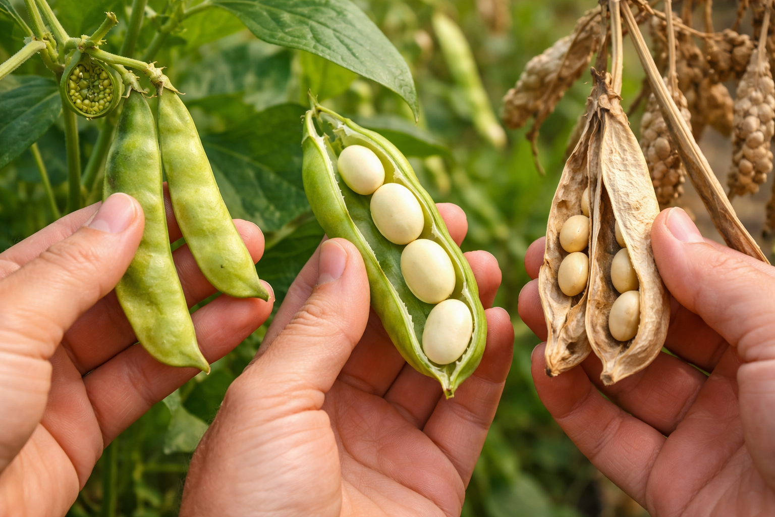 Close-up of butter bean pods showing full green pods, leathery pods, and an opened pod with developed beans