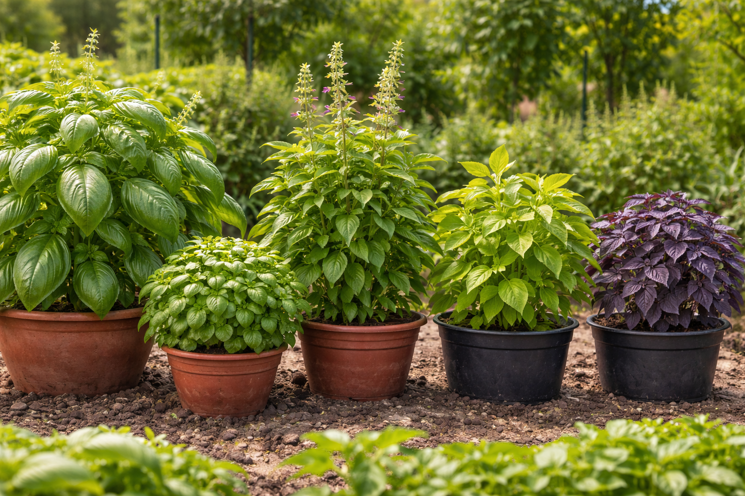 Side-by-side comparison of sweet, globe, Thai, lemon, and purple basil plants