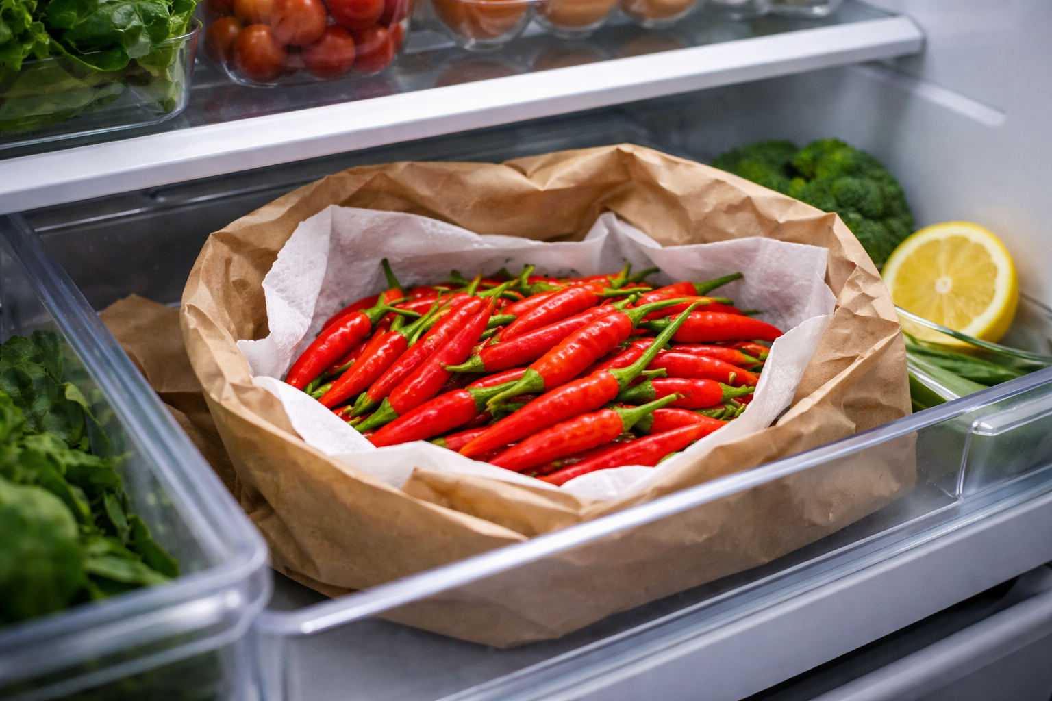 Whole Thai chili peppers stored dry in a produce bag or container in a refrigerator crisper drawer
