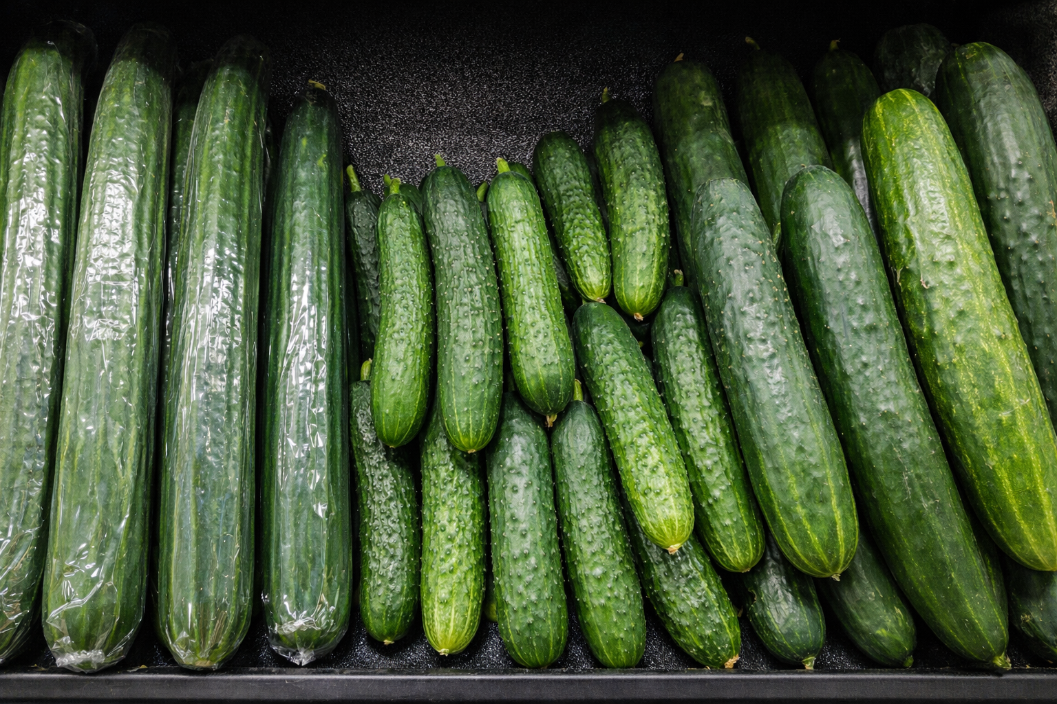 Store display comparing English, Persian, Kirby, and standard cucumbers with fresh and poor-quality examples