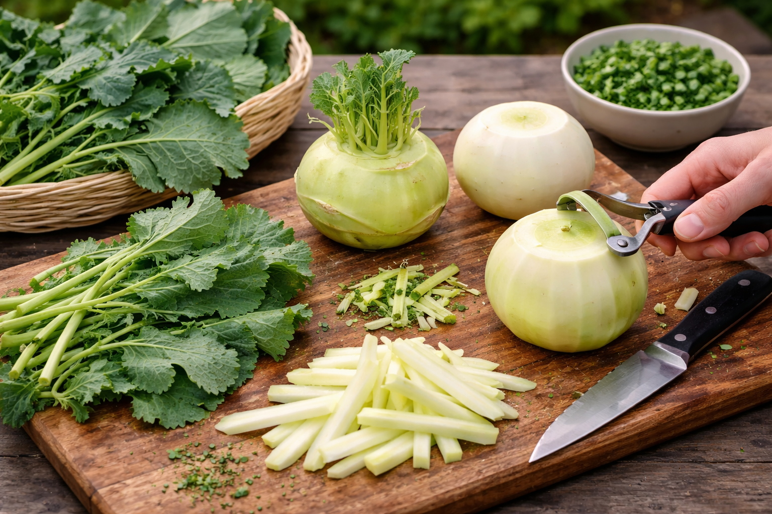 Freshly harvested kohlrabi with leaves trimmed and bulb peeled for cooking