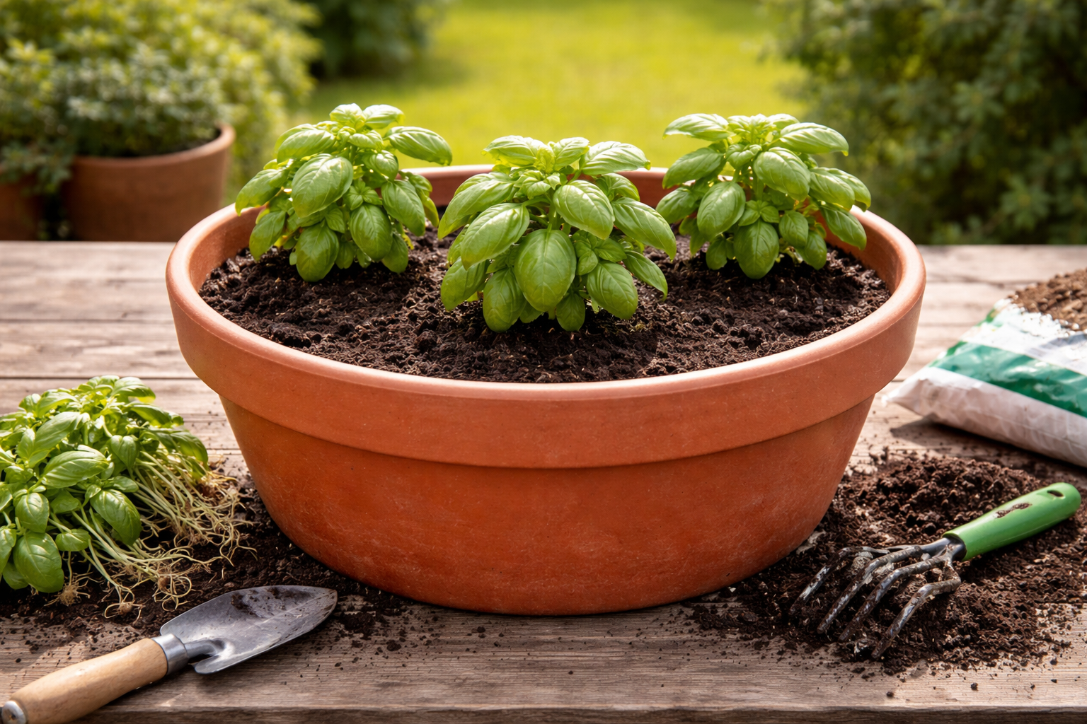 Hands repotting basil by dividing crowded roots and spacing plants correctly in a larger pot