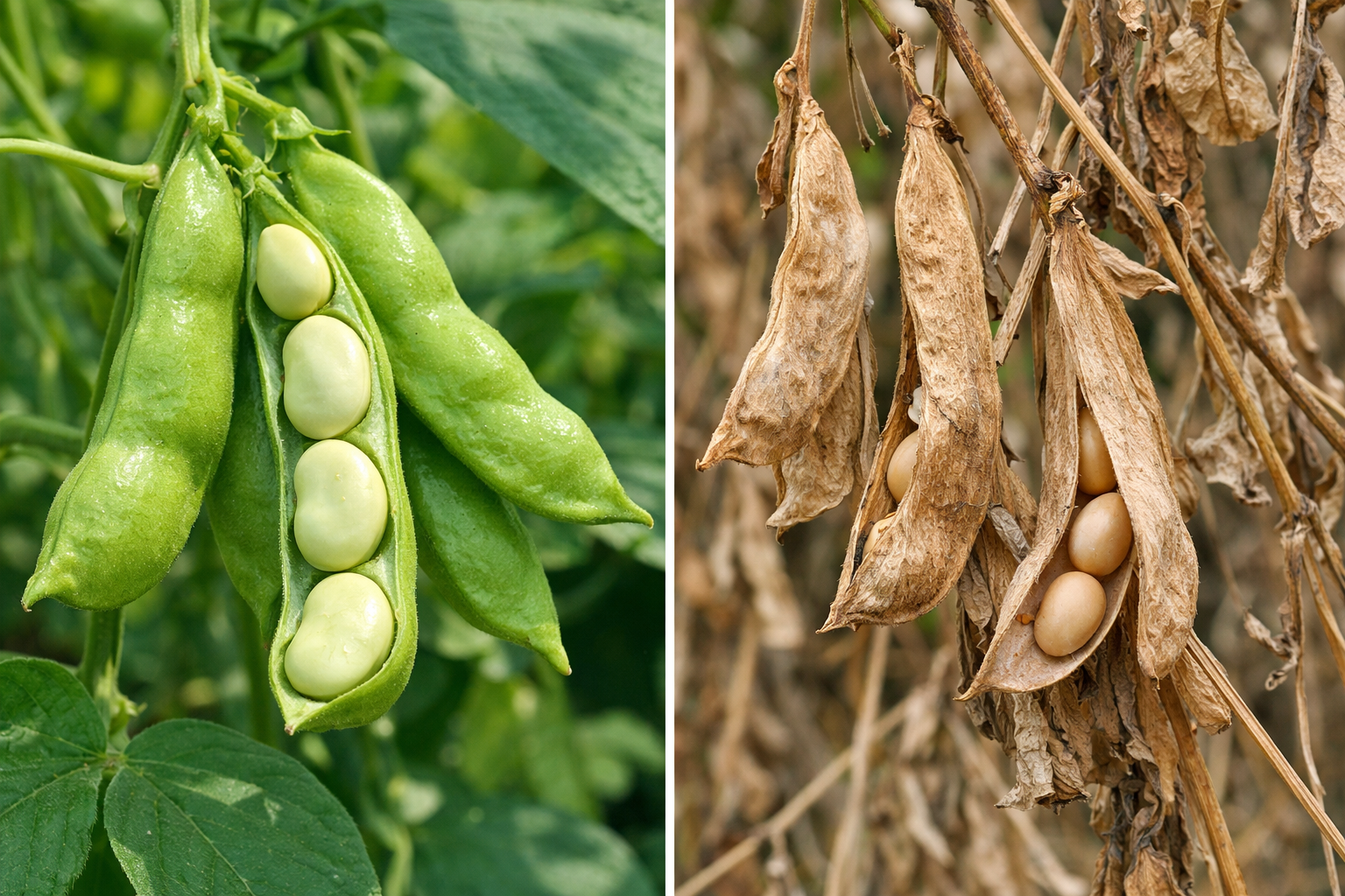 Green butter bean pods ready for fresh shelling beside brown dry pods ready for storage