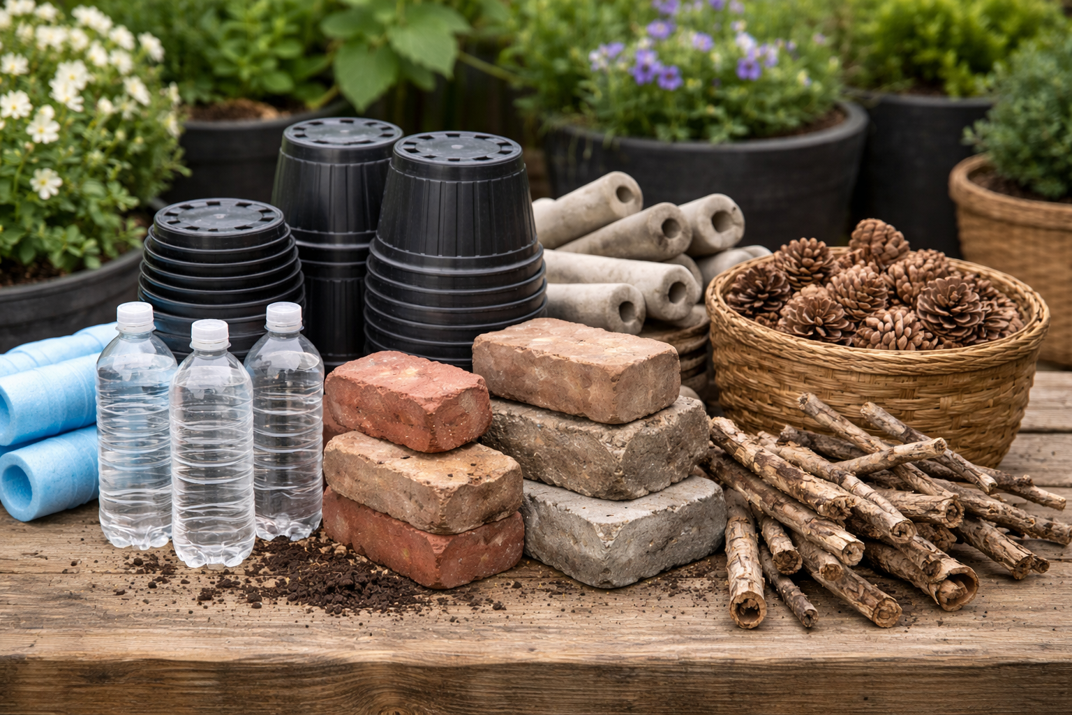 How to Fill a Large Plant Container: 7 Smart Rules That Work 2 Different filler materials for a large planter including nursery pots, bottles, bricks, and pine cones